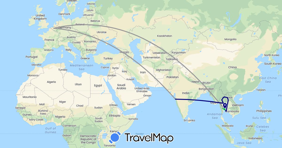 TravelMap itinerary: driving, bus, plane in Belgium, India, Laos, Thailand (Asia, Europe)