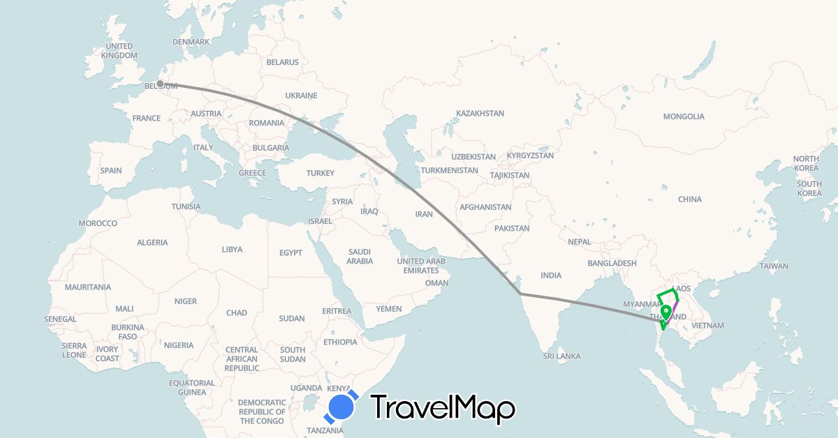 TravelMap itinerary: bus, plane, train in Belgium, India, Laos, Thailand (Asia, Europe)